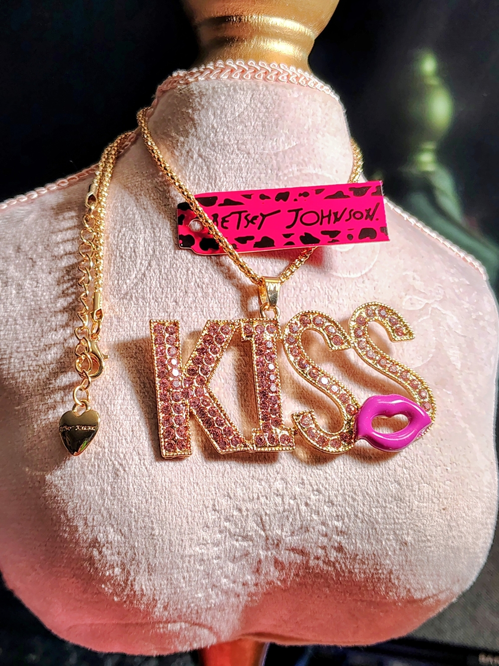Betsey Johnson Gold-Tone  Necklace with Pink Crystal 'KISS' Pendant